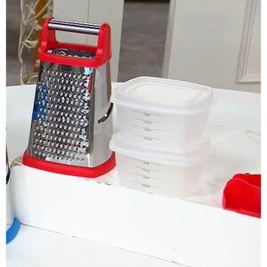 Prepology Stainless Steel Box Grater 2 Catch Bins & Hand Guard Red NWOT